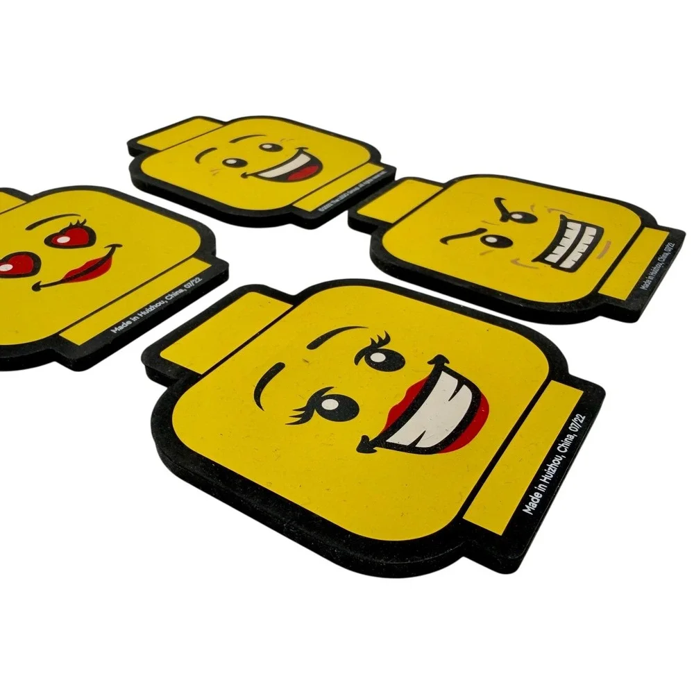 LEGO Head Coasters Set of 4 Yellow Emoji Faces Drink Bar‎ Kitchen Decor